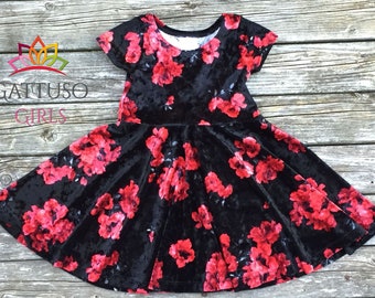 Size 2 Twirly Girls Dress ~ Red Roses on Black Velvet ~ Xmas Dress ~ Holiday Dress ~ Twirl Dress ~ Toddler Dress ~ Play Dress