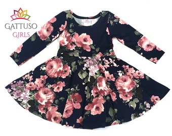 Floral Dress ~ Size 2 ~ Roses on Navy ~ Toddler Dress, Party Dress, Girls Dress, Birthday Dress,  Long sleeves