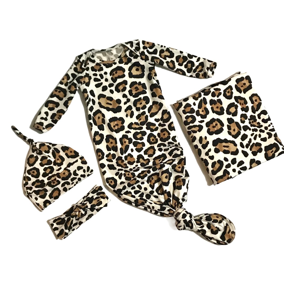 Knotted Baby Gown, Going Home Outfit, Leopard Print Baby Gown, Baby