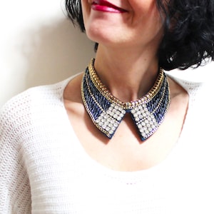 Dark Blue Gold Rhinestone Embroidery Peter Pan Collar Necklace Vintage Style Preppy Navy blue detachable collar