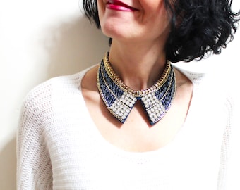 Navy Blue Collar Necklace With Sequins Pointed Shape  display picture 3