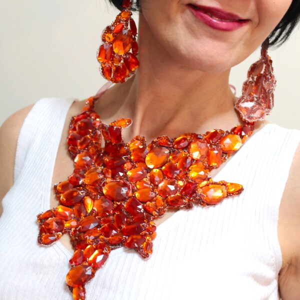 Orange Chunky Bib Necklace Earrings Embroidery Choker Necklace Assymetrical Chunky Chokers Festival Necklace ooak Unique Gift For Her