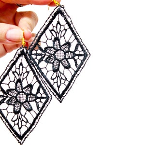 Hand Painted Black Venetian Lace Earrings Boho Chic Black Earrings Bohemian Lace Jewelry Textile Earrings Black Lace Fashion Gift For Her
