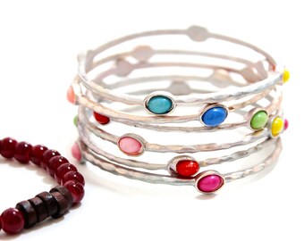 Silver Layered Bracelet For Women, Boho Bracelet Set, Set of 7 bracelets, Hammered Silver Stacking Bangles, Layered Bangles, Boho Bangles