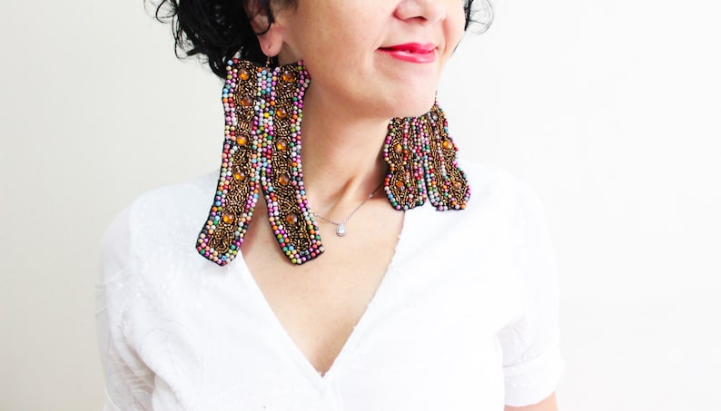 Embroidered Mismatched Oversized Earrings Big Asymmetric Embroidery Earrings Steampunk Jewelry Statement Earrings Tribal Ethnic Earings Gift