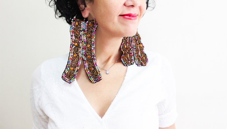 Embroidered Mismatched Oversized Earrings Big Asymmetric Embroidery Earrings Steampunk Jewelry Statement Earrings Tribal Ethnic Earings Gift
