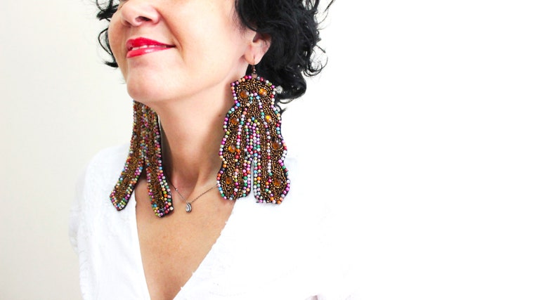 Embroidered Mismatched Oversized Earrings Big Asymmetric Embroidery Earrings Steampunk Jewelry Statement Earrings Tribal Ethnic Earings Gift