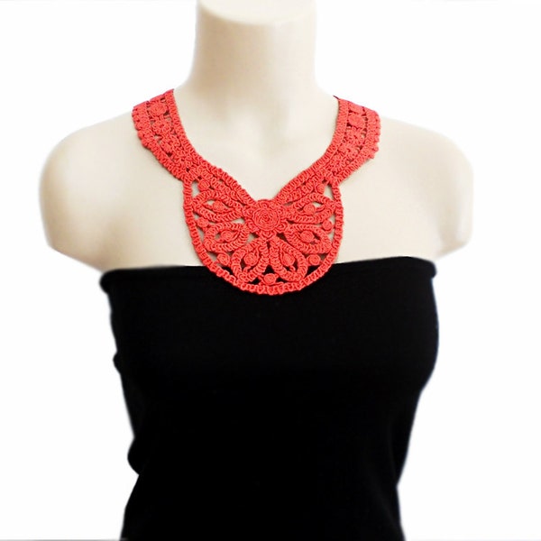 Crochet Necklace- FREE SHIPPING- Handmade Cotton Lace necklace - Red, Ruby- Red cotton Necklace- Pattern necklace - Woman Applique - OOAK