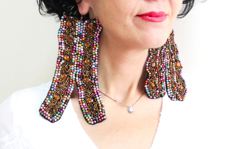 Embroidered Mismatched Oversized Earrings Big Asymmetric Embroidery Earrings Steampunk Jewelry Statement Earrings Tribal Ethnic Earings Gift