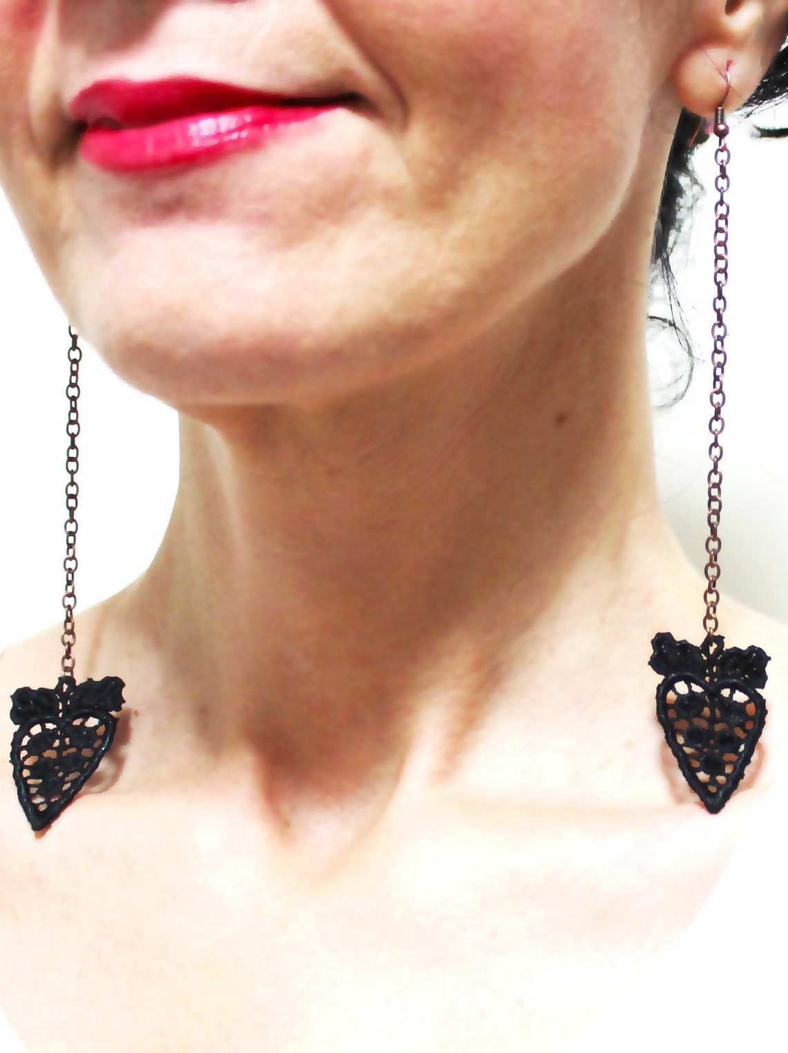 Black Lace With Copper Long Earrings Light Weight Lace Etsy