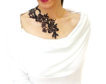 Hand Painted Lace Necklace Gold chain Black statement lace necklace Steampunk choker French Lace Unique Christmas Gifts For Her Gift For Mom