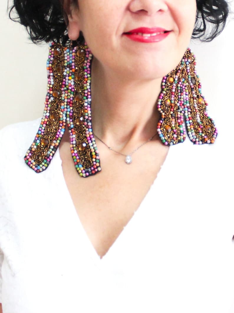 Embroidered Mismatched Oversized Earrings Big Asymmetric Embroidery Earrings Steampunk Jewelry Statement Earrings Tribal Ethnic Earings Gift