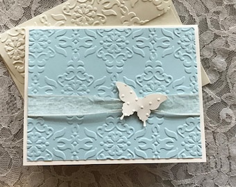 Handmade Embossed Butterfly Card: Blue & Ivory Greeting