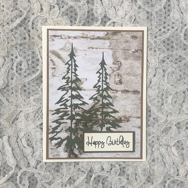 Handmade greeting card; masculine birthday card with trees, birch bark, pine trees. Nature card.