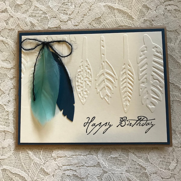 Greeting card handmade, handstamped card, feathers, masculine card, card for men, blue feathers, embossed card