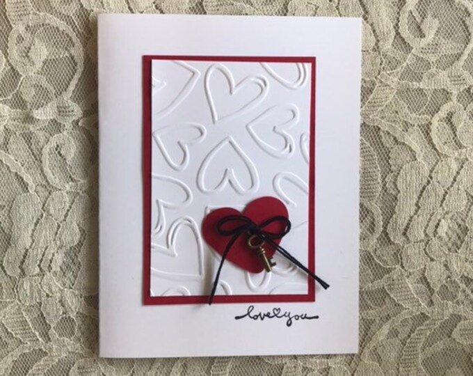 heart with key Handmade greeting card: Love card valentine key to my heart white and red anniversary