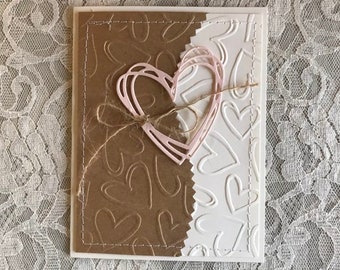 Handmade greeting card; Love card, pink and white card, embossed hearts, birthday card, valentine card, anniversary, wedding, die cut heart.