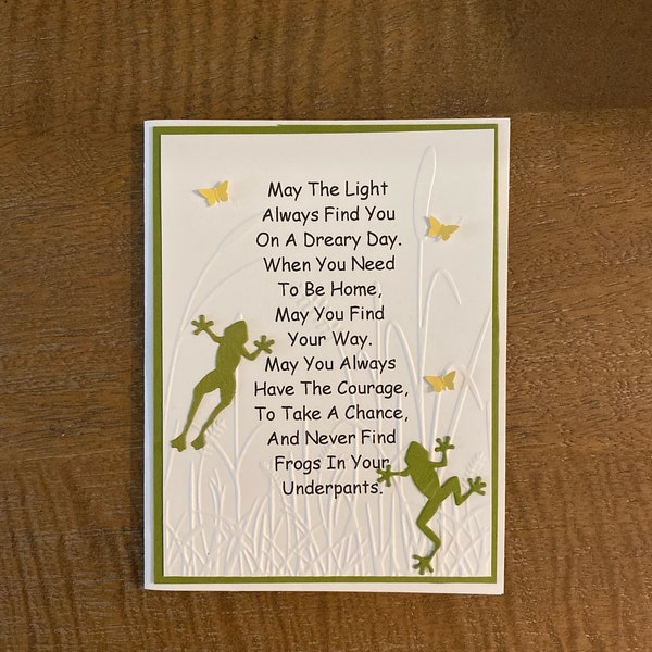 Greeting Card handmade: card with frogs. May you never find frogs in your underpants. St. Patrick’s card.