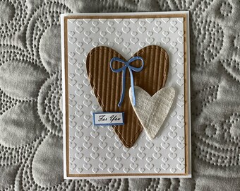 Greeting card handmade, embossed hearts,  blue and white card. Anniversary, wedding or love card.