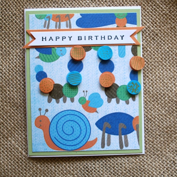 Handmade greeting card, child, caterpillar, snail, happy birthday, kids card