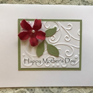Handmade greeting card; happy Mother’s Day, Mother’s Day card, embossed card, red flower