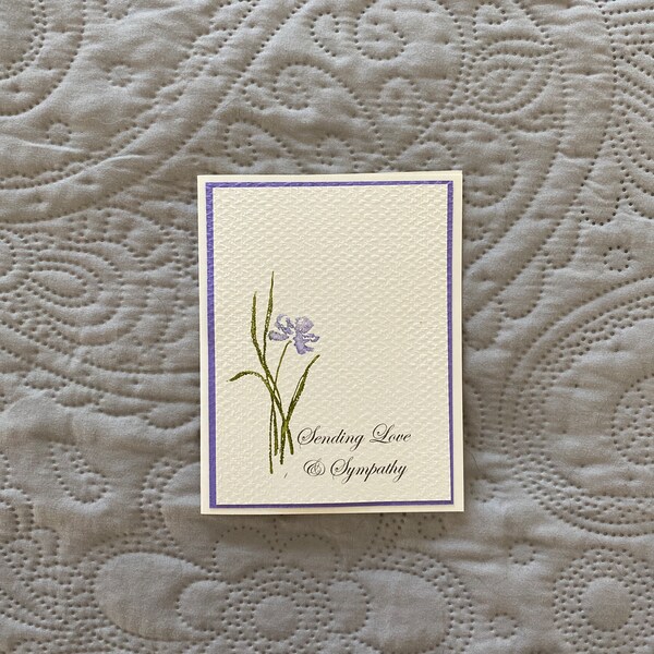 A simple handmade sympathy card with a purple iris, purple and green, iris, sending love and sympathy