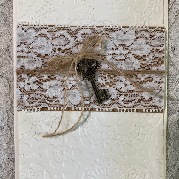 Greeting card handmade: LOVE CARD, anniversary card, friendship card, brass key, lace embossed card