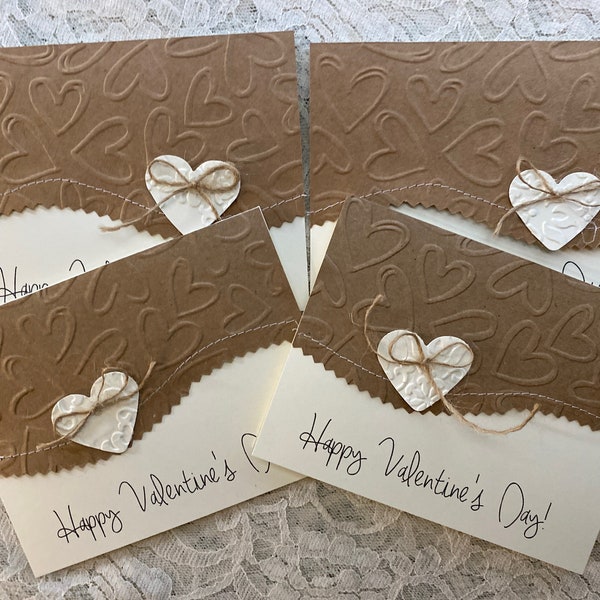 Handmade greeting cards; set of 4 valentines, embossed valentines, rustic, country, homemade, boho valentines.