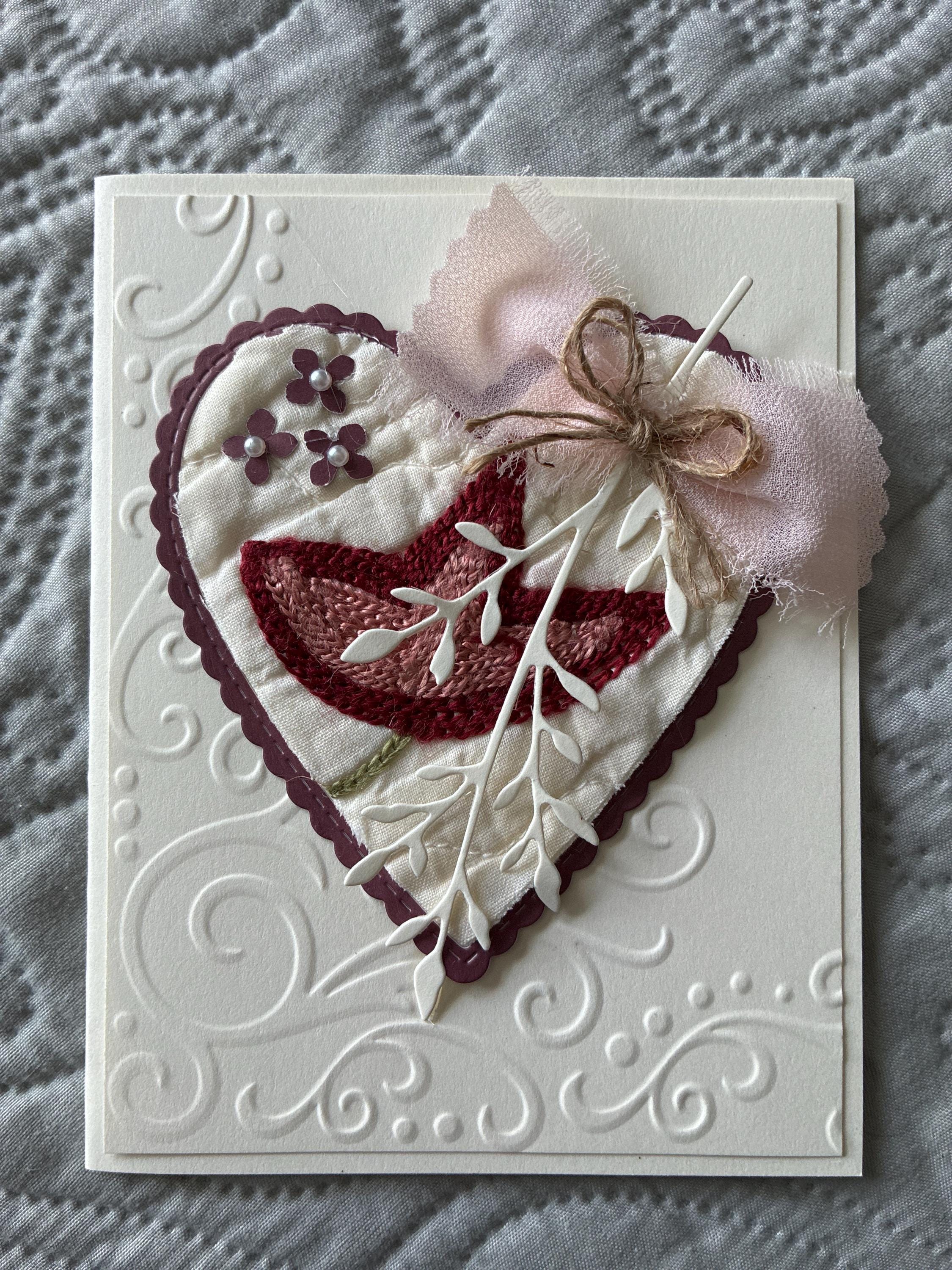 Handmade Card, Embroidered Quilt Heart Greeting Card: Embossed Card. - Etsy