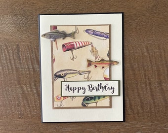 Greeting Card Handmade: Masculine birthday card, fishing lures, card for fisherman, bobber, fishing card, card with fish