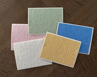 Handmade greeting cards: Set of 5 embossed spring meadow cards. Flower bed cards.