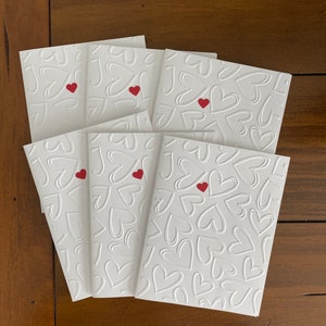 Greeting cards handmade: Valentines, set of 6, red heart, embossed hearts, love cards, anniversary cards, red and white, wedding card