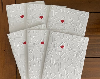 Greeting cards handmade: Valentines, set of 6, red heart, embossed hearts, love cards, anniversary cards, red and white, wedding card