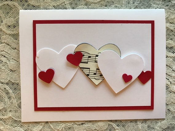 Handmade Greeting Card: Hearts, Valentine, Love Card, Anniversary, White  and Red Hearts, Sheet Music Heart, Floating Hearts 