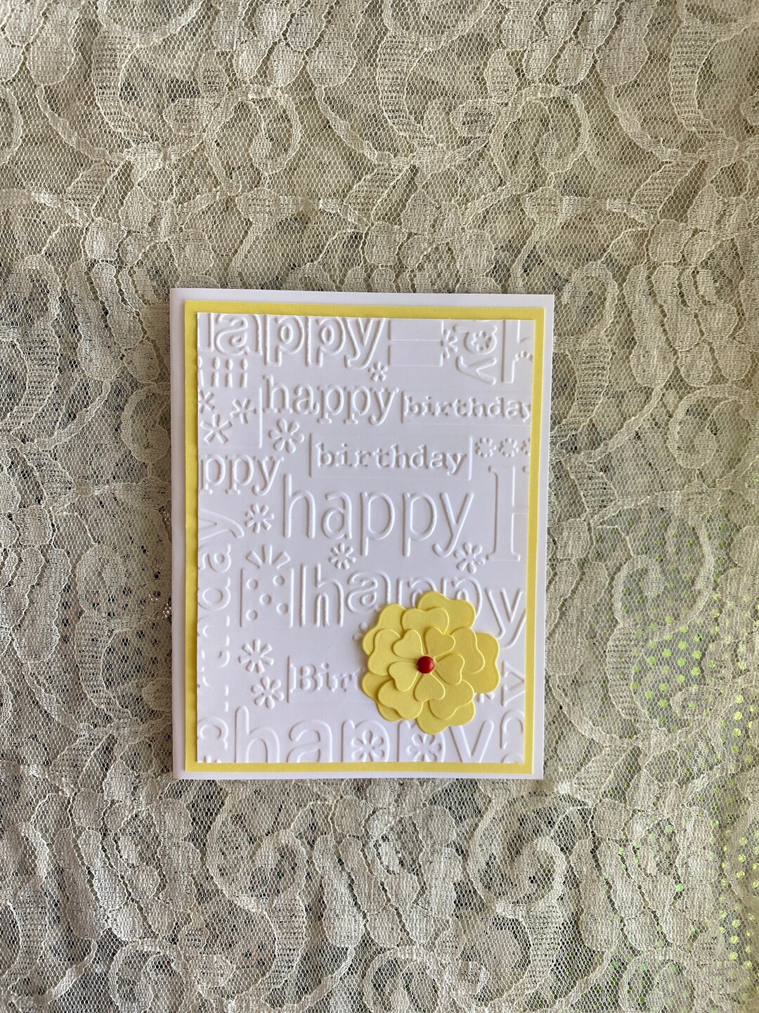 Embossed Happy Birthday Card: Handmade Yellow Flower With Red Center - Etsy