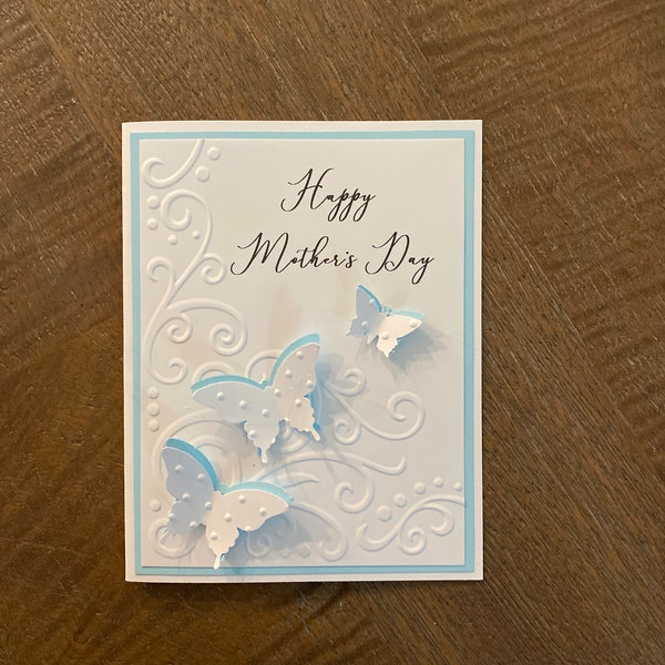 Greeting card handmade: blue and white Mother’s Day card for wife, card for mother, butterflies