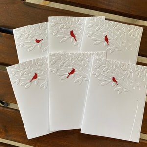 Greeting Card Handmade: 6 tree Embossed cards with liners, cardinals, blank cards, note card set, Christmas, sympathy, personalized cards