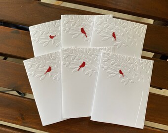 6 handmade greeting cards. Tree Embossed cards with cardinals, note card set, Christmas cards, sympathy, personalized cards.