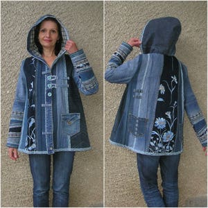 Hooded Jacket, Upcycled Clothing by EcoClo, Denim Collection, size M image 1
