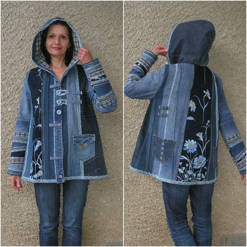 Hooded Jacket Upcycled Clothing by EcoClo Denim Collection Etsy