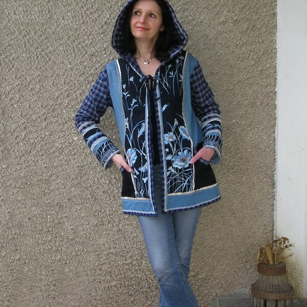 Moonlight Garden - blue denim hooded jacket, upcycled clothing by EcoClo, size M