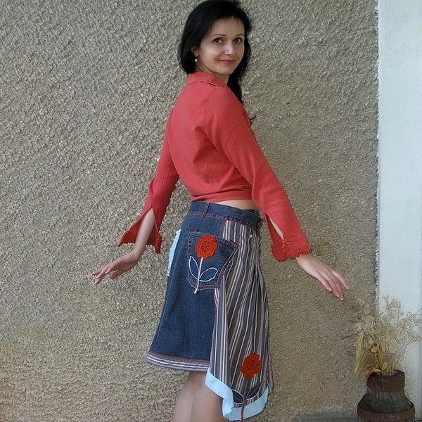 Eco Skirt, Asymmetric Tattered Wrap Skirt, Shabby Chic Applique Skirt, Upcycled Clothing by EcoClo, Size M-L