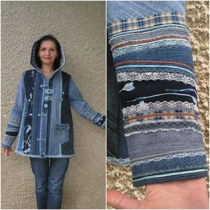 Hooded Jacket, Upcycled Clothing by EcoClo, Denim Collection, size M image 3