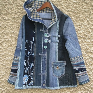 Hooded Jacket, Upcycled Clothing by EcoClo, Denim Collection, size M image 4