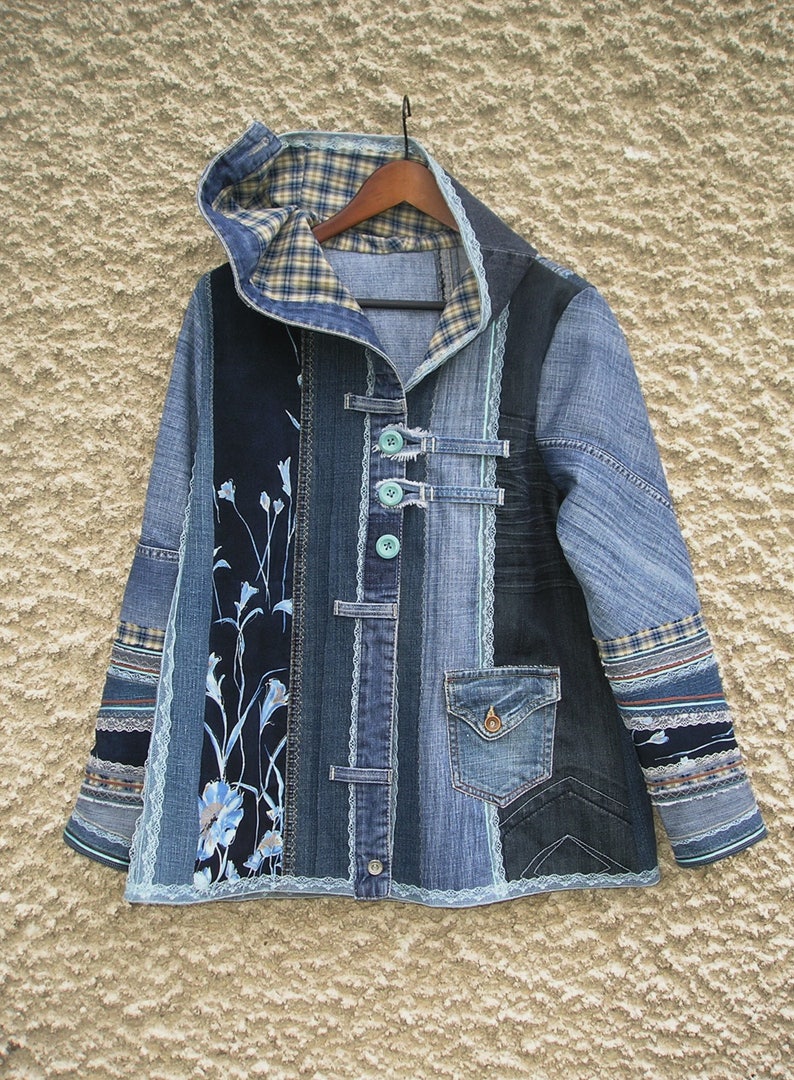 Hooded Jacket, Upcycled Clothing by EcoClo, Denim Collection, size M image 4