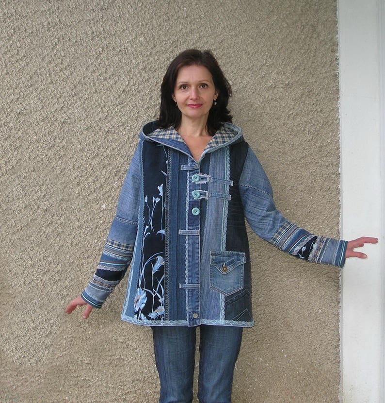 Hooded Jacket, Upcycled Clothing by EcoClo, Denim Collection, size M image 2