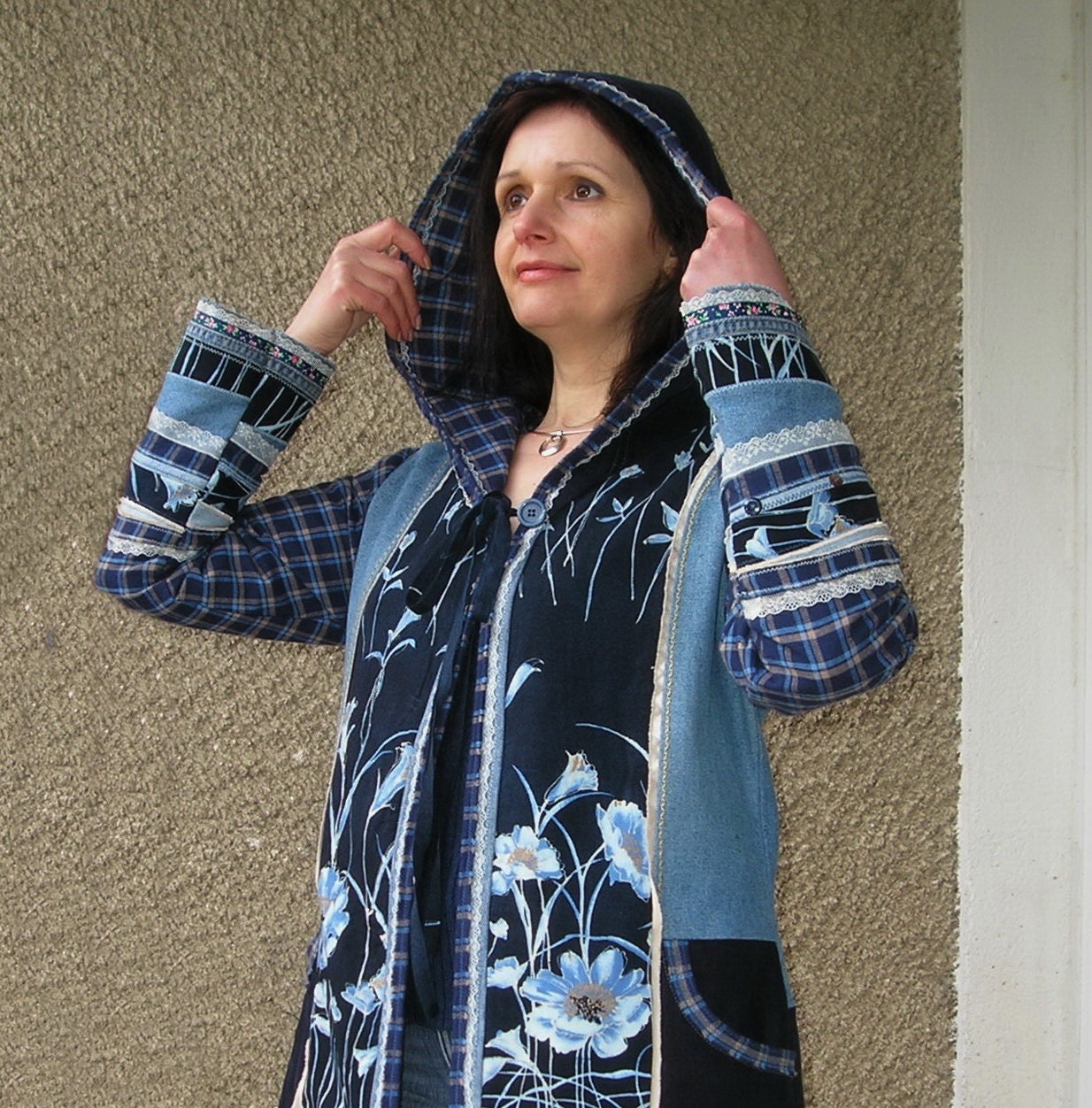 Moonlight Garden blue denim hooded jacket upcycled clothing | Etsy