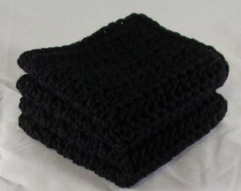 Set of 2 Black Cotton Washcloths 8x8 Crochet