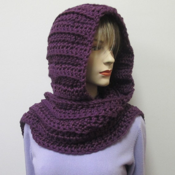 Purple Crochet Hooded Scarf Hoodie Scarf Hooded Scarves | Etsy