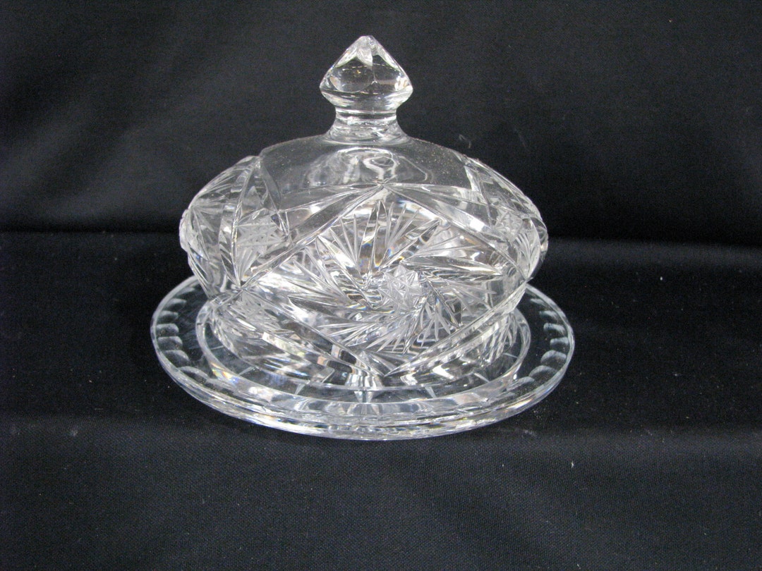 Elegant Round Crystal Glass Butter Dish W/ Lida0310 Etsy